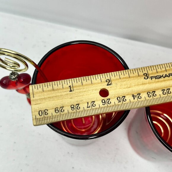 Pair Red Glass Luminary Votive Candle Holder Decorative Hearts Golden Wire Roman - Picture 16 of 17